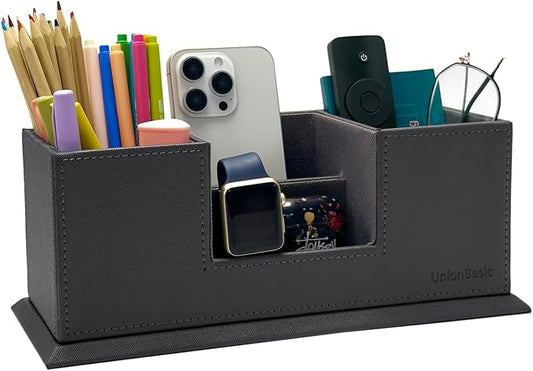 UnionBasic 4 Compartment Desk Organizer - Dual Pen Holder - Card/Pen/Pencil/Mobile Phone Office Supplies Holder (Grey)