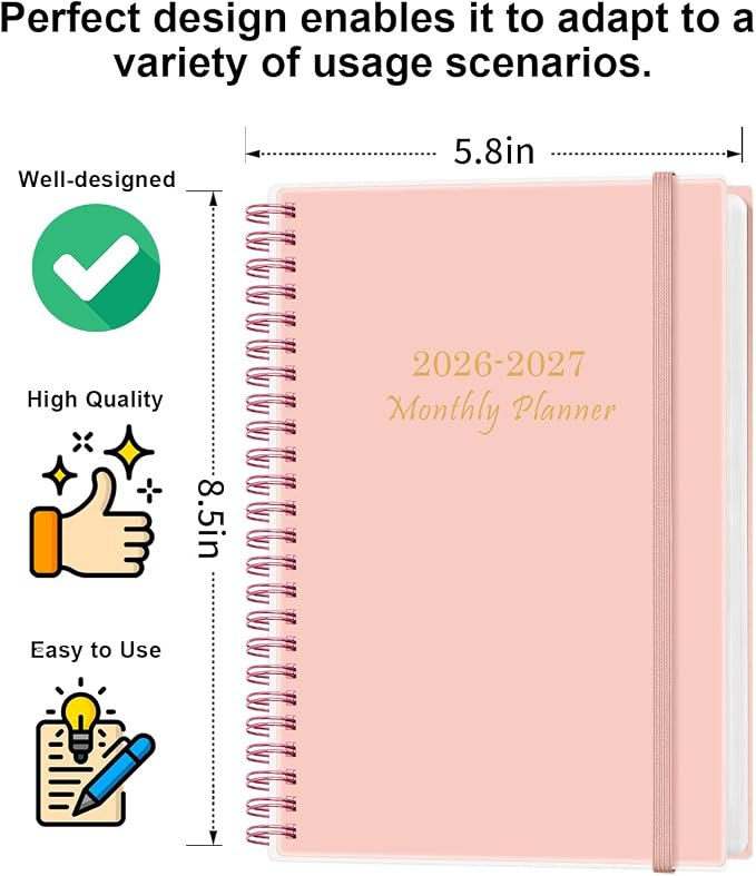 Monthly Planner 2026-2027 – Monthly Calendar from May 2026 to December 2027, 20 Month Planner with Spiral Binding, Inner Pocket, Elastic Closure, 5.8" x 8.5", Pink