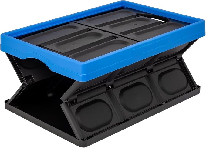 12 Gallon Collapsible Storage Bin, Plastic Foldable Storage Crate with Handles, Stackable Black & Blue for Home Garage Office, Built-in File Rails