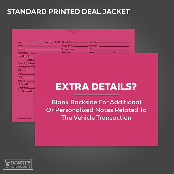 Printed Vehicle Deal Envelopes 9x12 Deal Jackets (100 shrink wrapped) (Fuchsia)