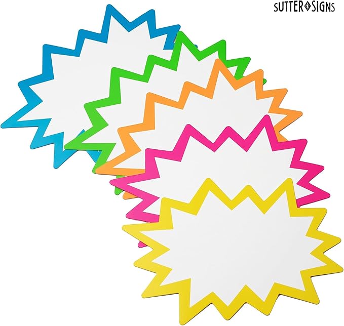 Starburst Signs with Stickers 100pcs | Price Tags for Yard, Estate, Garage Sale, Retail Store. 50pcs Cards & 50pcs Sticker Dots. 6x8 inch (Neon)