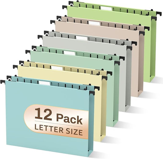 12 Pack Hanging Folders Letter Size, 2" Pastel Hanging Files Folders, Plastic Hanging Folders for Filing Cabinet Home Office, Colored Filing Folder Hanging, Insertable 1/5-Cut Tabs