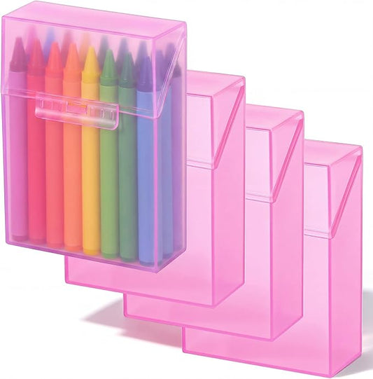 Clabby 4 Pcs Plastic Crayon Organizer Case for 24 Count Crayons Kids Art Supply Storage Box with Lid, Portable Holder for Classroom Home Travel, Fits Standard 24-Pack Crayon (Pink)