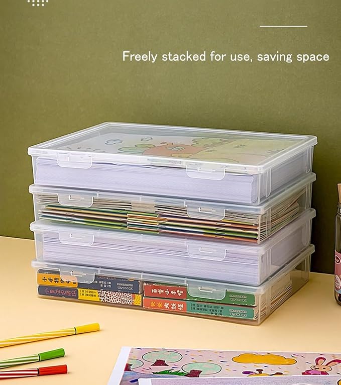 Clear Plastic File Storage Boxes with Lids for Files,Stackable File Box,File Portable Paper Case,Containers for Organizing Paper, Letters, Documents, Art Supplies (Clear-A3+A4)
