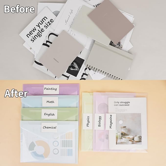EOOUT 30pcs Plastic Envelopes, Plastic File Folders for Documents, Hook & Loop Closure Poly Folders with Label Pocket A4 Size for School and Office Supplies