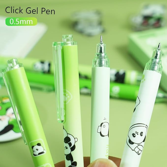 12 Pcs Cartoon Retractable Gel Ink Pens, 0.5mm Fine Tip Black Ink Cute Panda Pen Set, Ideal for Office, School, Women & Men (Black Ink - Panda)