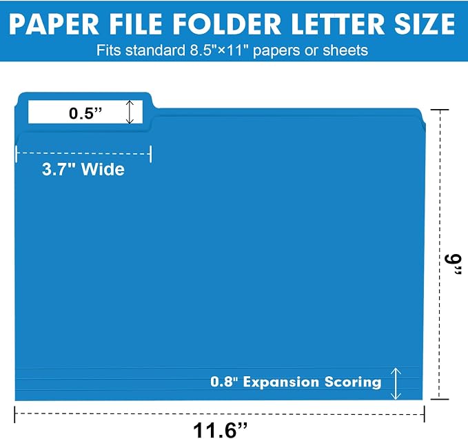 File Folder, RAZCC Colored File Folders, 1/3 Cut Tab File Folder Letter Size, Filing Folders with Tabs for Office School Business Use, Assorted 10 Colors (150 Pack)