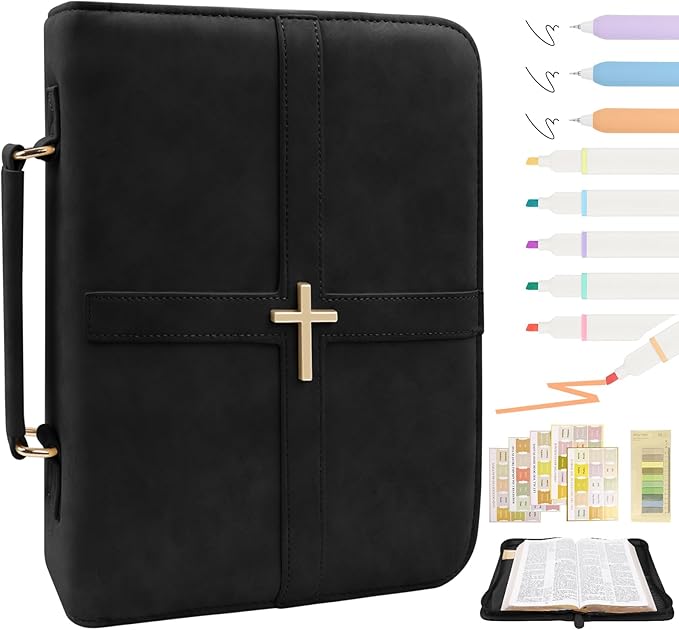 Classic Leather Bible Cover Case with Cross Design and Handle for Men Women, Durable Bible Study Supplies Organizer Carrying Bag, Perfect Christmas Gifts for Christians with Gift Box（Black