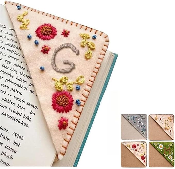 Personalized Hand Embroidered Corner Bookmark, 26 Letters Cute Flower Embroidered Corner Bookmark Embroidery Book Marker Clip for Book Lovers Bookmarks for Reading Lovers Meaningful GIF (Fall, G)