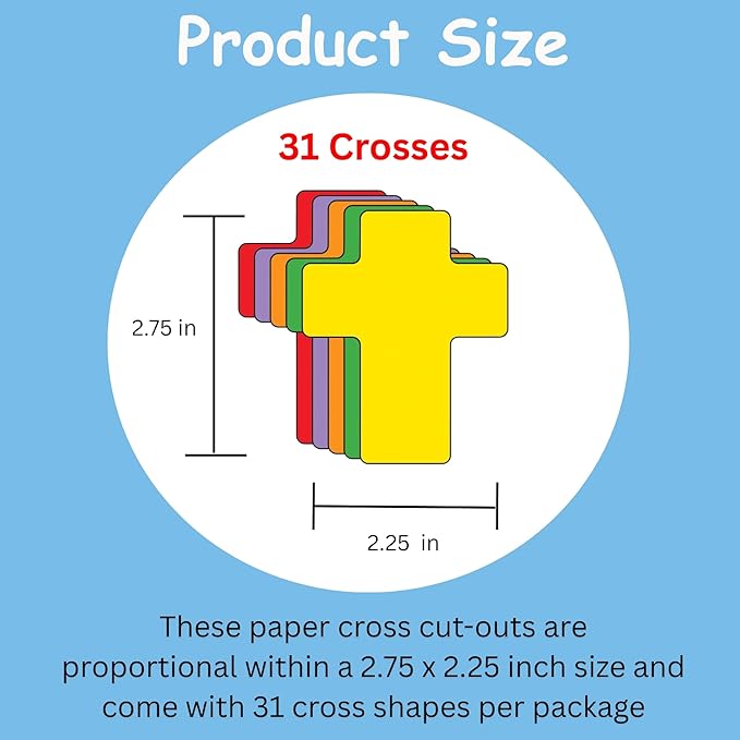 SHAPES ETC. 31 Pcs Cross Assorted Color Cut-Outs 2.75in, Construction Paper Shapes, Easter Bulletin Board Decorations, DIY Crafts, Easter, Christmas, Religious, Wall Cutouts, VBS, Made in USA