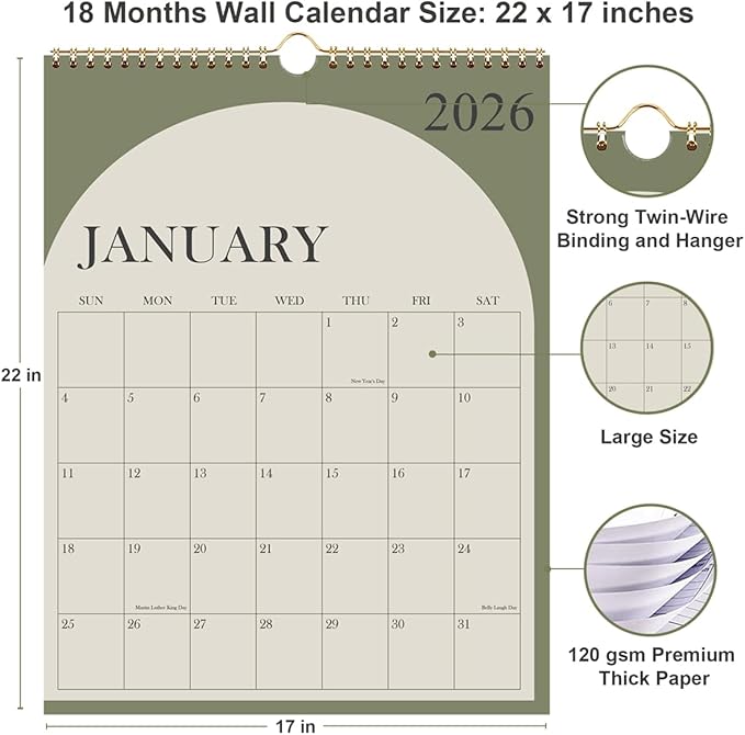 Large Calendar 2026 with Spiral Bound - 18 Month Big Calendar from January 2026 to June 2027, Vertical Large Monthly Calendario 2026 for Wall, 22" x 17", Green