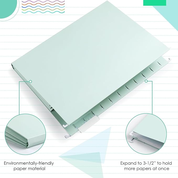 Yaomiao 24 Pack Hanging File Folders 3 Pleats Letter Size File Cabinet Folders with 1/5-Cut Adjustable Tabs Expandable Document Cabinet Colored for Home Desk Office Organization(Fresh Color)