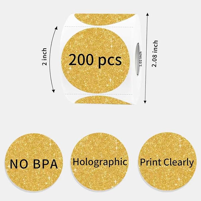 2 Inch Round Holographic Thermal Label Stickers, Glitter Gold Circle Thermal Printer Sticker Labels, Self-Adhesive Direct Labels for Gift Wrapping