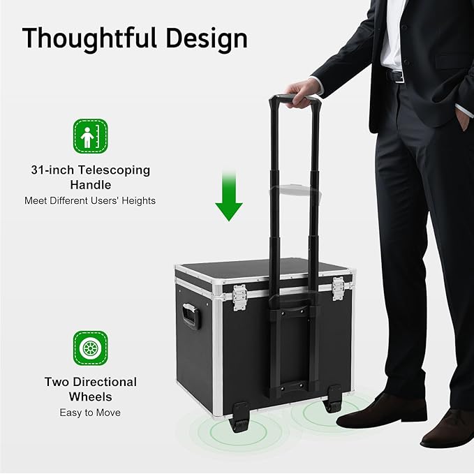 Locking Storage Box, Aluminum Alloy Rolling File Case with Lock, Portable Mobile Luggage Compartment with Wheels & Handle, Secure Confidential Items Organizer for Home Office, 19.2 * 15 * 16in Black