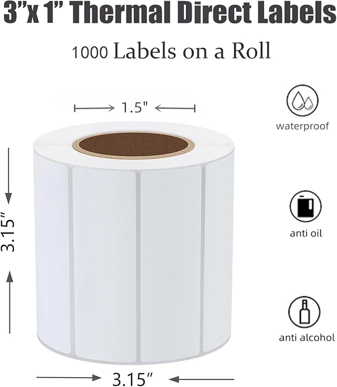 Hybsk 3x1 inch Direct Thermal Labels for Barcodes, Address, Compatible with Rollo Label Printer & Zebra Desktop Printers (3"x1",2 Rolls White)