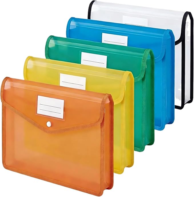 Plastic Expanding File Folder - Waterproof Transparent Expandable File Folder for Documents with Snap Closure, Colorful Organizer Holder for School Office Business Fit Letter/A4 Size - 5 Packs