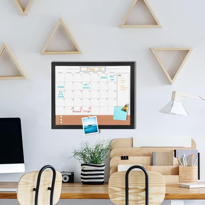 Monthly Calendar Dry Erase White Board & Cork Bulletin Board，13" x 17" Black Wood Frame，Magnetic Surface Whiteboard.Perfect for Organizing Your Space.Whiteboard+Cork-3442A-BK