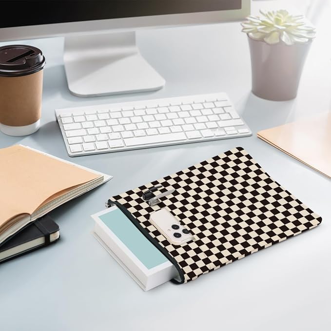 Black Plaid Book Lovers Gifts Book Sleeve Vintage Checkered Waterproof Book Cover Book Pouch Book Protector with Front Pocket Book Club Christmas Birthday Gifts for Women Girl Reader Book Accessories