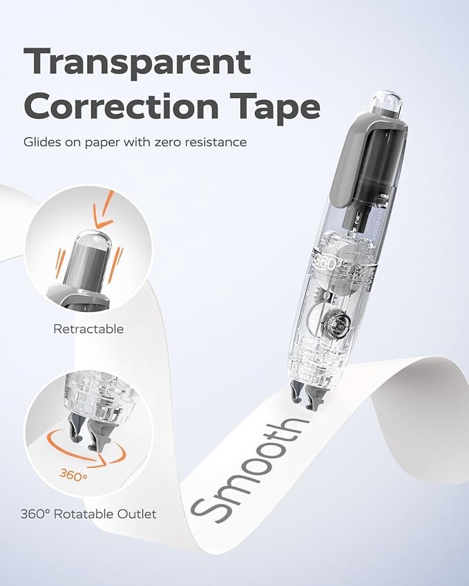 Four Candies Refillable Retractable White Correction Tape, 3PCS White Cute Smooth Push Pull Out Tape with 3 Extra Refills, Aesthetic Pen Shaped Applicator for School Office Supplies