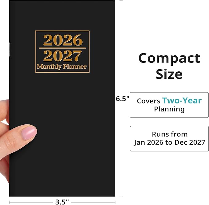 Pocket Calendar 2026-2027 for Purse, Two Year Monthly Planner Pocket Size, Jan 2026 to Dec 2027 Monthly Planner Small Size (6.5" x 3.5") - Black