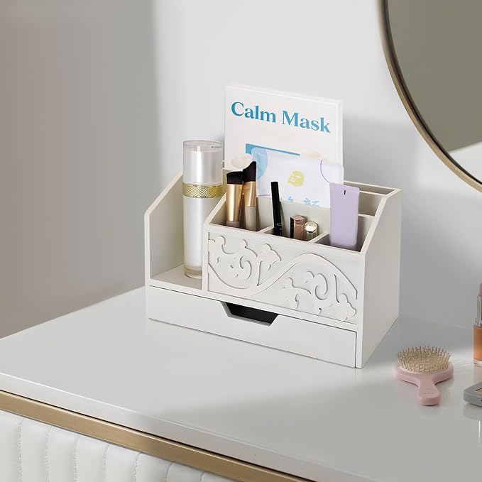 White Wooden Mail Organizer with Drawer, Three Tiered Desk Accessories for Office Organization and Storage, Stylish Countertop Document Storage, Home/Office/Classroom Supplies (White01)