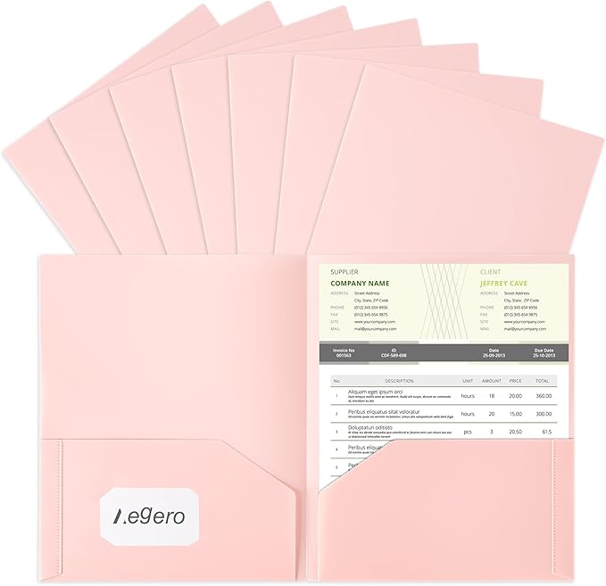 Aegero Plastic Folders with Pockets (7 Pack, Sakura Pink), Durable Heavy Duty File Folders with Business Card Slot, 2-Pocket Folder for Schoolwork & Office,Letter Size