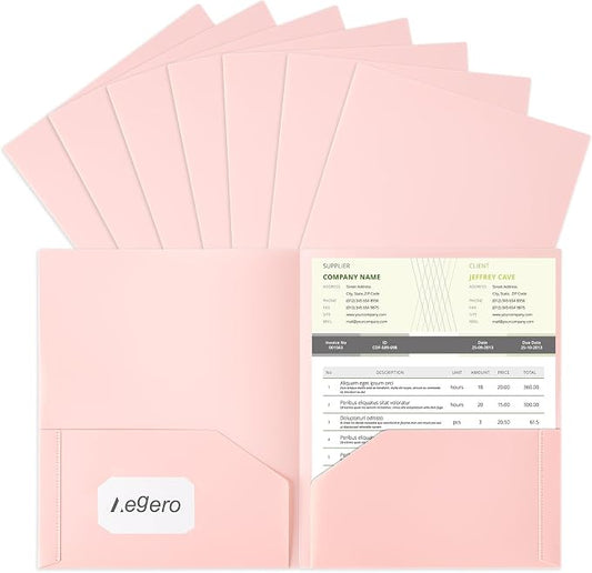 Aegero Plastic Folders with Pockets (7 Pack, Sakura Pink), Durable Heavy Duty File Folders with Business Card Slot, 2-Pocket Folder for Schoolwork & Office,Letter Size