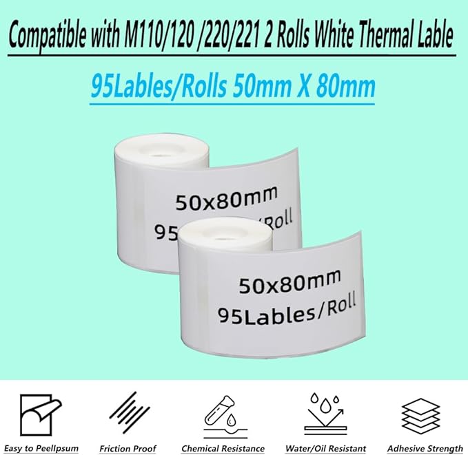 2 Rolls Thermal Stickers M110/120/220/221 Label Printer White 50mm x 80mm Adhesive Labels for School Home (2, 50mmx80mm)