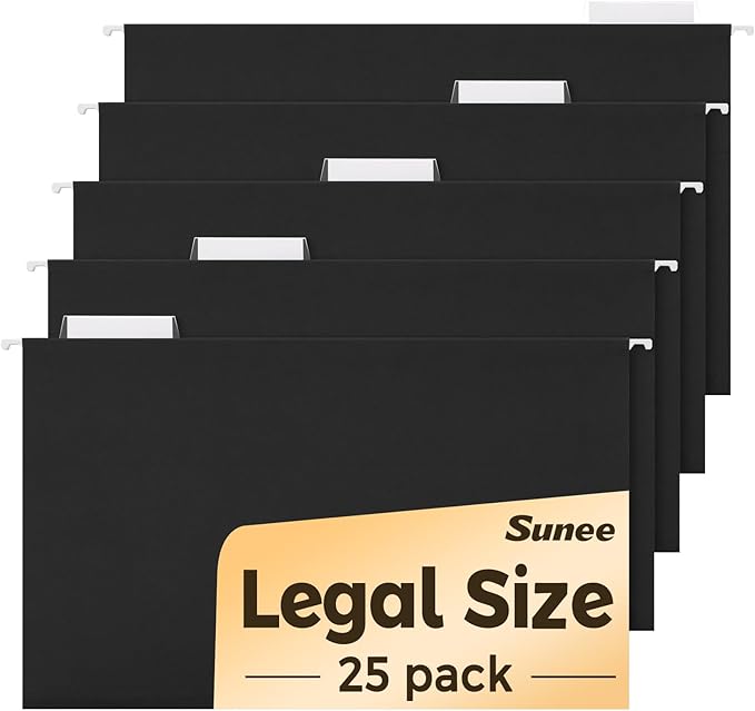 SUNEE Hanging File Folders Legal Size, Black File Folders 25 Pack 1/5-Cut Tabs, Stay Organized for Your Home and Office Bulk File and Documents