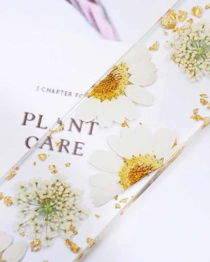 Penta Angel Dried Flower Resin Bookmarks Handmade Clear Pressed Floral Page Markers with Silky Tassel Reading Gift for Women Adults Graduation Valentine’s Day Christmas (White & Yellow)