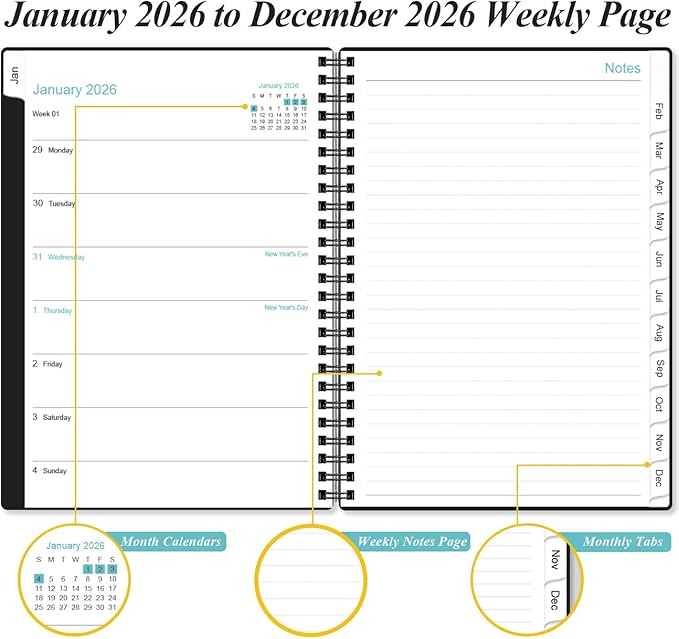 2026 Planner - Weekly & Monthly Planner from January 2026 - December 2026, Planner 2026 with Flexible Cover, Tabs, Inner Pocket, 6.4" x 8.5", Black