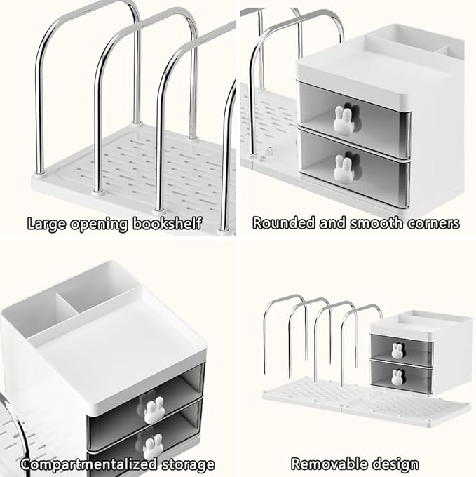 Desk Organizer with Bookends, Desktop Storage Box with 2 Drawers 3 Top Compartments and 4 Bookends, Multi-Functional Desk Accessories Organizer for Home Office School Supplies (White)
