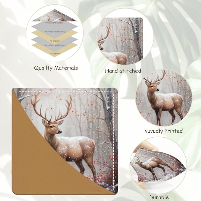 2PCS PU Leather Bookmarks 3.5x3.5 Inch Deer Winter Forest Design | PU leather bookmarks with deer winter forest design for novels, journals, planners, students and book lovers.
