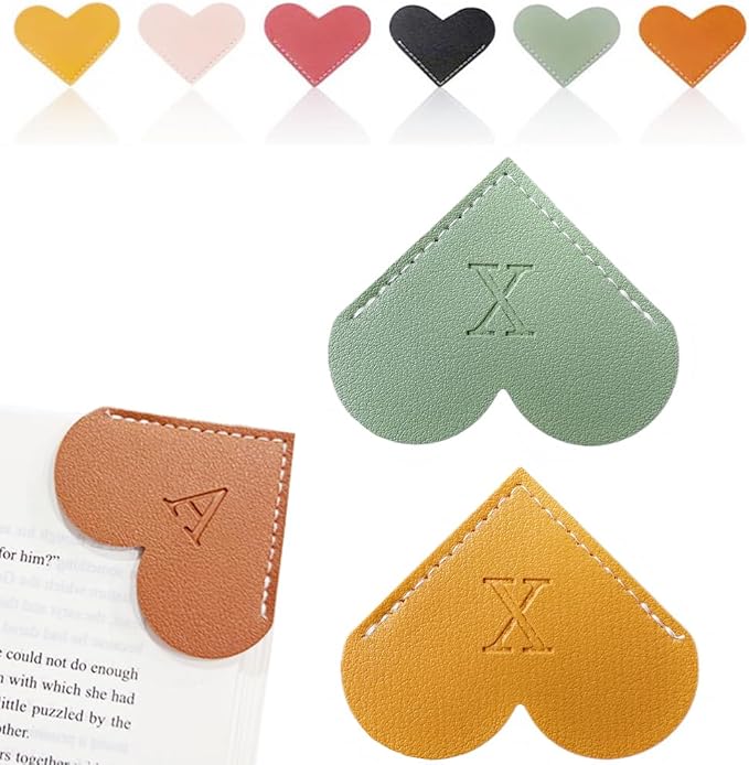 Personalized Leather Heart Bookmark, 26 Letters Customized Corner Book Mark for Reading Women, Book Marker with Initials，Cute Gifts (Green+Light Brown, X)