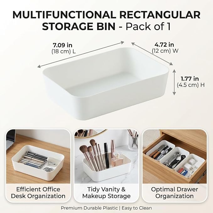 Gavigain Rectangular Plastic Desk Organizer Accessory Tray, Wide, Stacks for Desktop Storage Space Saving for Office Workspace Dorm Home 4.72" x 7.09" x 1.77", White