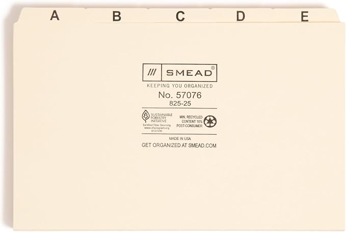 Smead Card Guide, Plain 1/5-Cut Tab (A-Z), 8"W x 5"H, Manila, 25 per Set (57076)