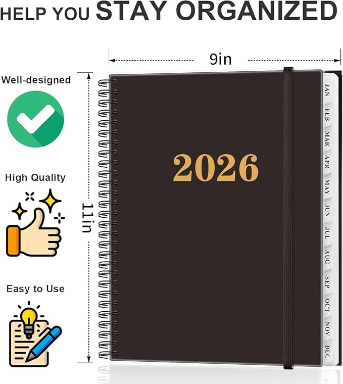 2026 Planner - Weekly and Monthly Planner from Jan 2026 - Dec 2026, Spiral Planning 2026 with 12-Month Tabs, Inner Pocket, 8.5" x 11", Black