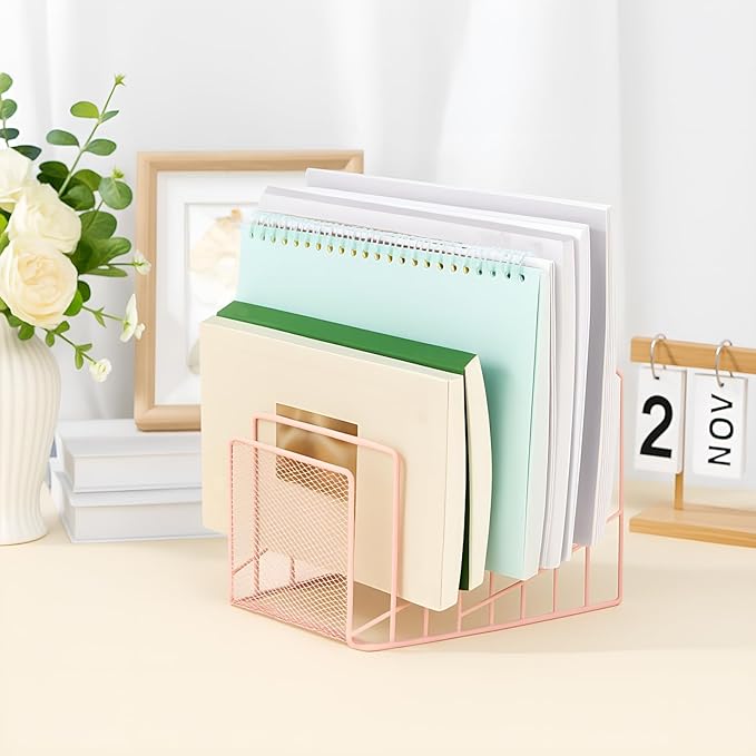 2 Pcs 7 Section Wire File Organizer for Desk, Metal Mesh Incline File Holder, Letter & Magazine Folder Rack, Desktop Paper Sorter for Home Office School (Pink)