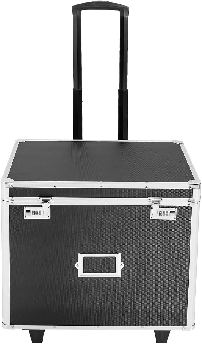 Aluminum Alloy File Organizer Box Mobile Document Box with Wheels, Hand Pull Locking File Case File Cabinet for Home Office Hospitals Banks School (Black)