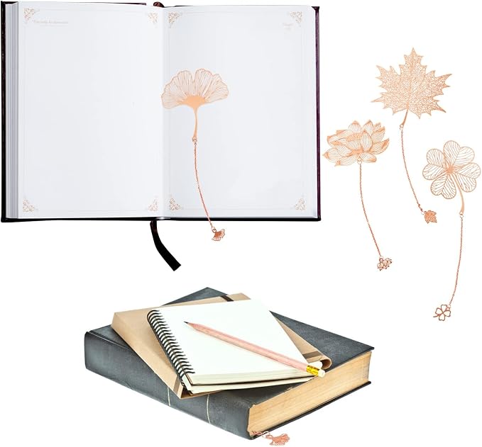 4pcs Vintage Metal Leaf Bookmarks with Pendant, 4 Styles Exquisite Hollow Metal Leaf Bookmark, Bookish Gift for Book Lovers Readers Teens Adults Women Men