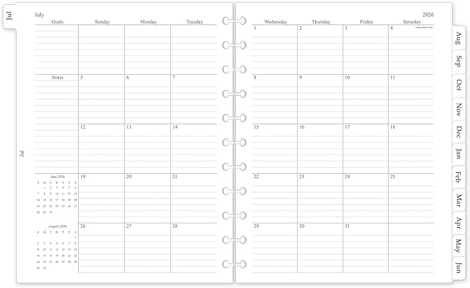 2026-2027 Monthly Planner Refill, A4 Letter Size Planner Inserts for 11-Disc Discbound, 8.5"x11", Jul. 2026 - Dec. 2027, 18 Monthly Calendars with Laminated Tabs