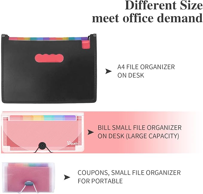 Uquelic 2 Pack File Organizer Stand -13 Pockets Expanding Coupons File Folder Organizer Storage, Rainbow Large Capacity Coupon Organizer with Label, Business Check Binder (Double Clear)