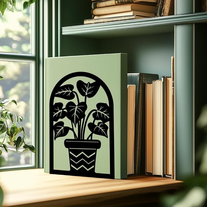 Plant Flowerpot Book Shelf Decorative Bookends for Shelves, Book Ends for Heavy Books, Flowerpot Shelf Metal Bookends for Desk Organizer, Office Library Decor Decorative Books for Home Decor