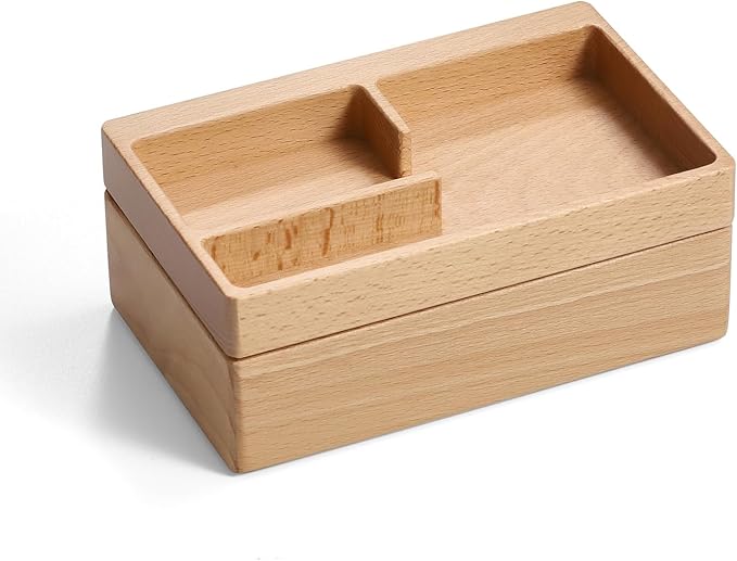 Valet Tray Box, Beech Wooden Storage Box with Magnetic Rotating, Office Desk Daily Supplies Organizer