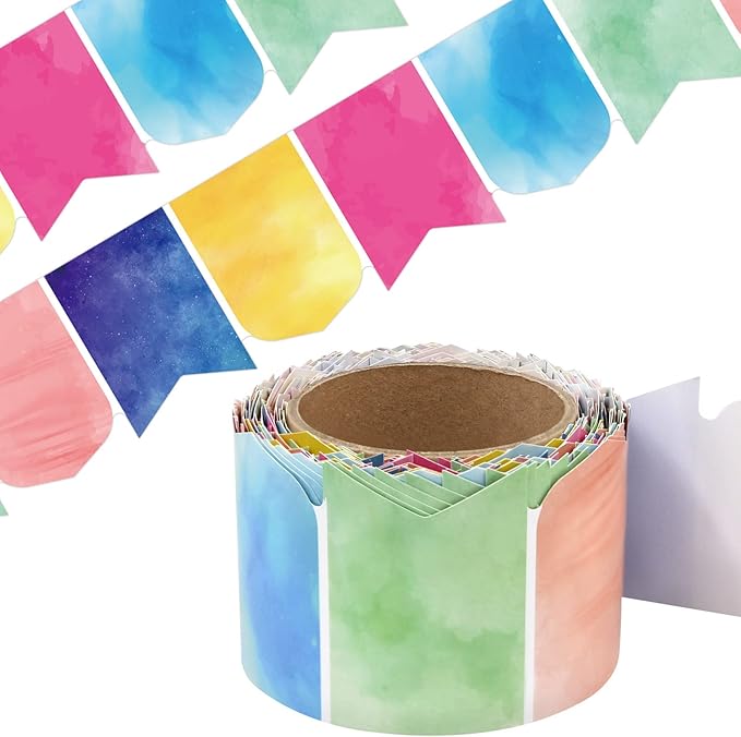 Fancy Land Watercolor Bulletin Board Border Pennants Die-Cut Scalloped Trim Border for Back to School Classroom Decorations 52ft