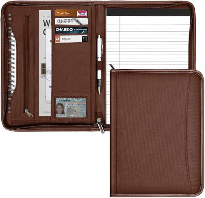 Zippered Portfolio Organizer/ A4 Refillable Lined Writing Notepad Folder Case/Fabric-Covered Padfolio Binder with Interior Storage Pocket for Men Women.Brown