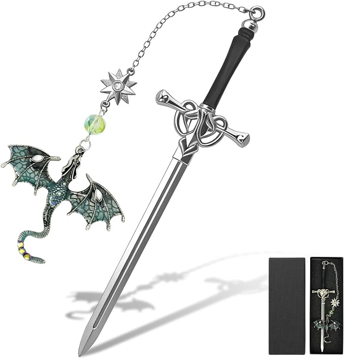 Fourth Wing Dragon Bookmarks,Fantasy Sword Bookmark,Metal Book Markers with Dragon Pendant, Cool Gifts for Men Boys Readers, Perfect Birthday Graduation Presents for Book Lovers (Green)