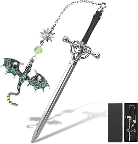Fourth Wing Dragon Bookmarks,Fantasy Sword Bookmark,Metal Book Markers with Dragon Pendant, Cool Gifts for Men Boys Readers, Perfect Birthday Graduation Presents for Book Lovers (Green)