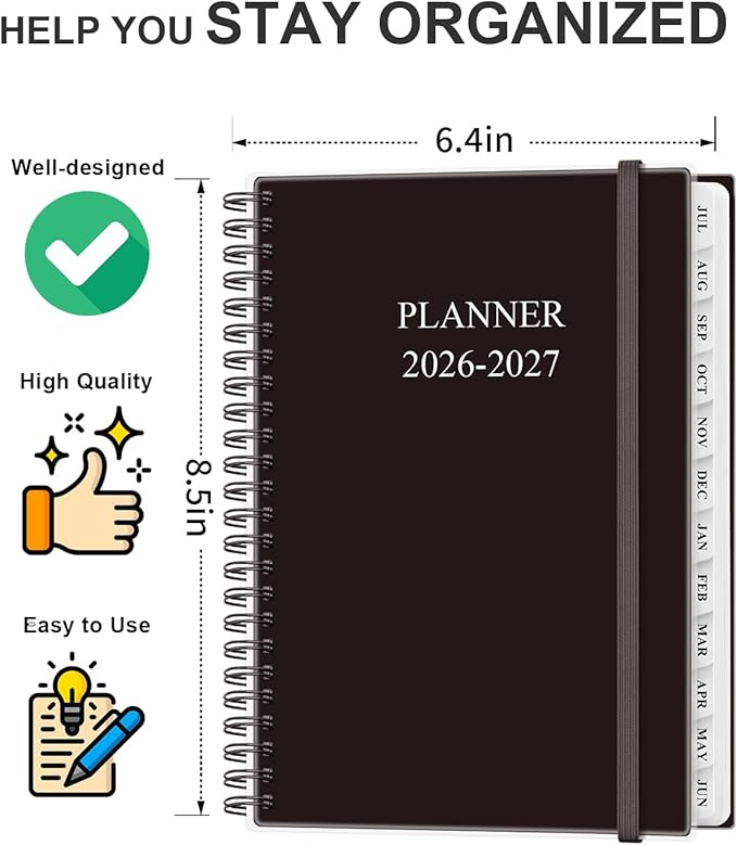 Academic Planner 2026-2027 - Weekly & Monthly Planner from July 2026 to June 2027, Agenda 2026 2027 with Inner Pocket, Elastic Band, 6.4" x 8.5", Black