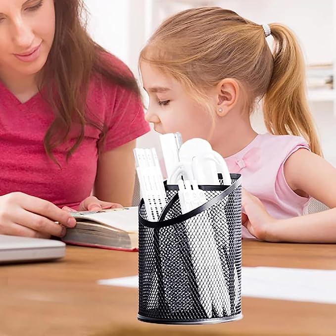 AKOAK Metal Net Pen Holder, Black 3 Compartments Pencil Organizer, Makeup Brush Organizer, for Office, Home, School, Desktop Organizer - Pack of 1
